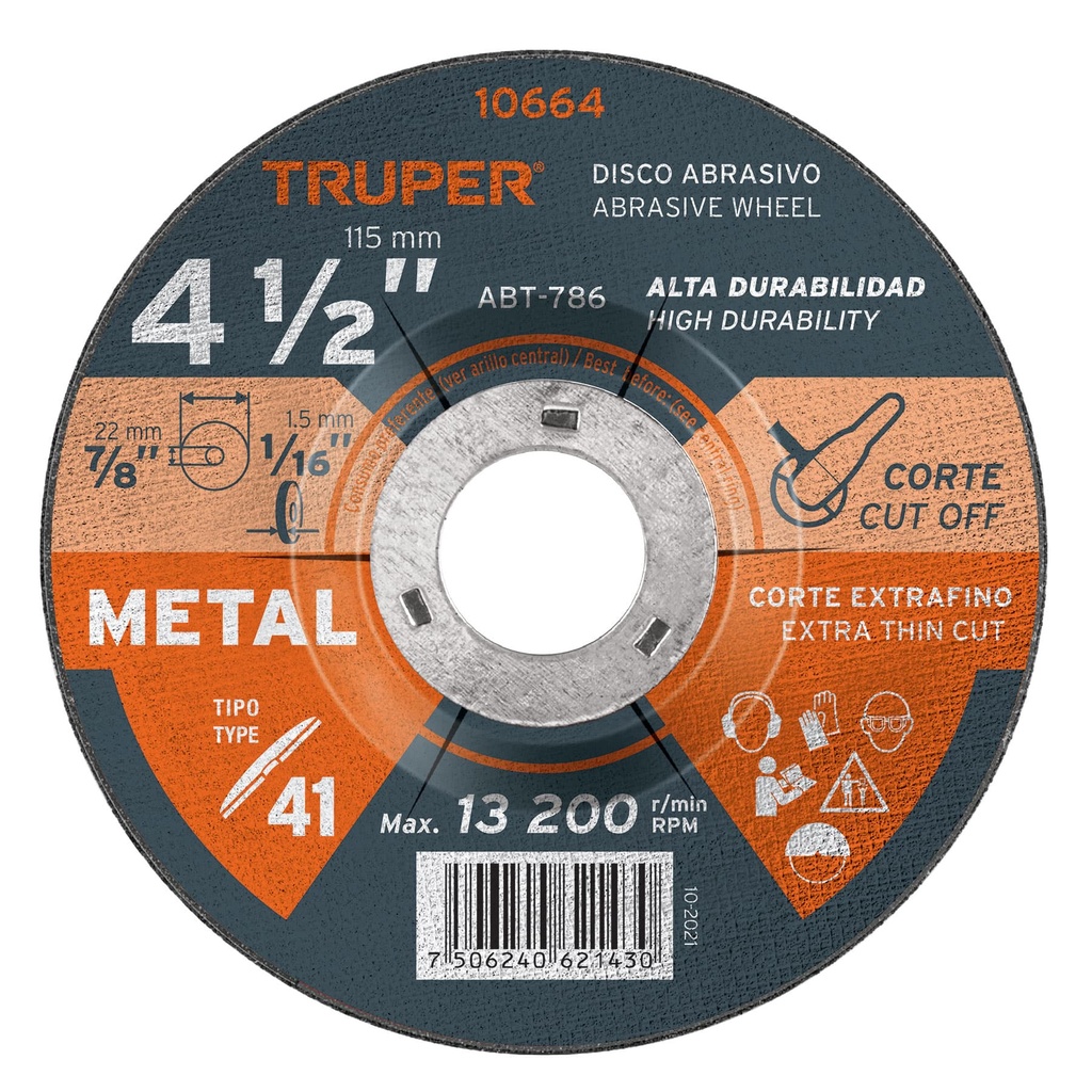 Disco de 4-1/2' para corte de metal, tipo 41, Truper