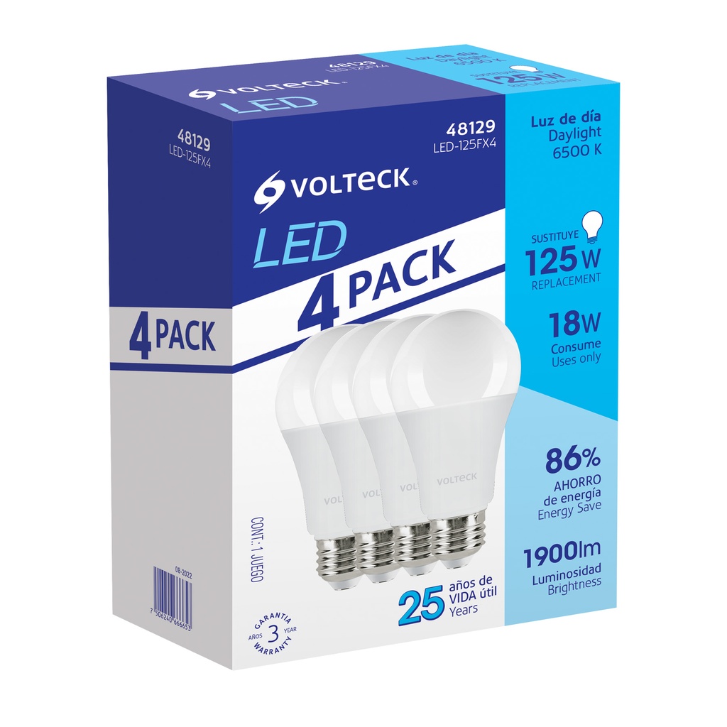 Pack de 4 lámparas LED A19 18 W (equiv. 125 W), luz de día