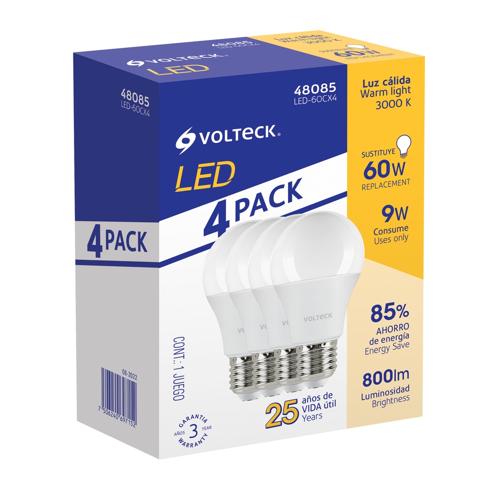 Pack de 4 lámparas LED A19 9 W (equiv. 60 W), luz cálida