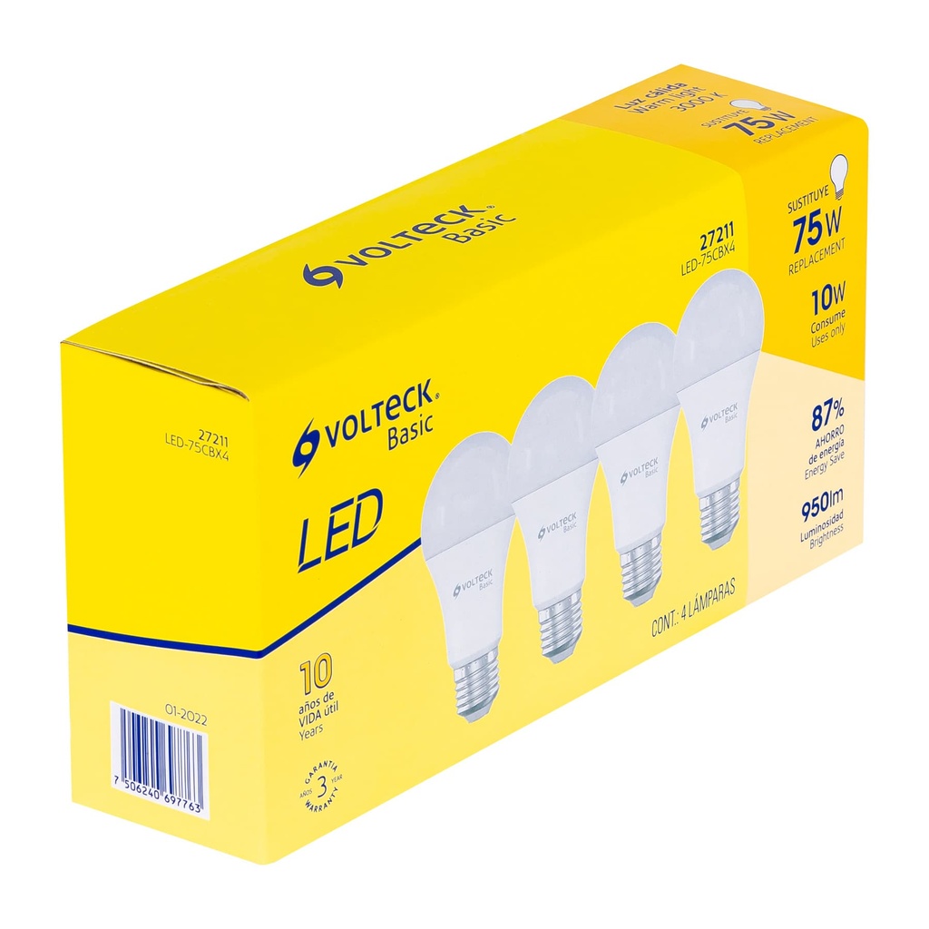 Pack de 4 lámparas LED A19 10 W (equiv. 75 W), luz cálida