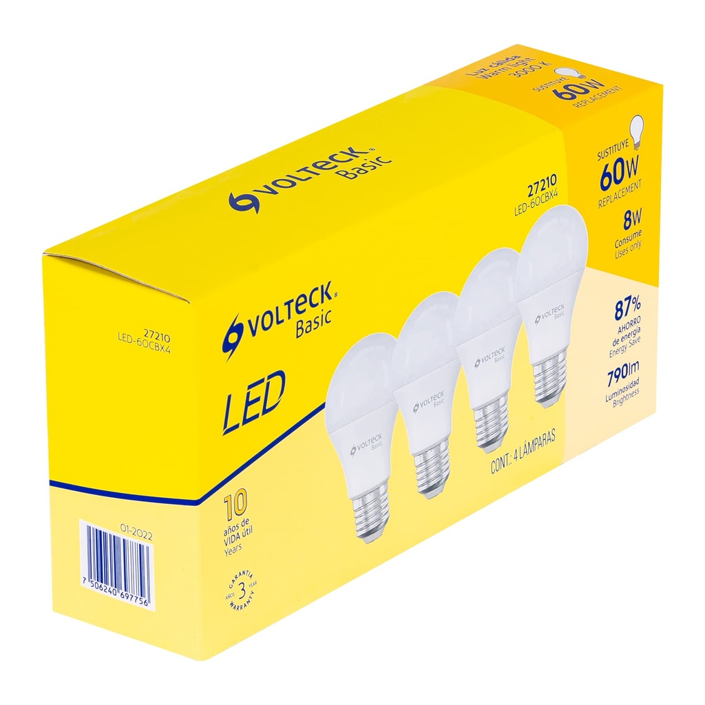 Pack de 4 lámparas LED A19 8 W (equiv. 60 W), luz cálida