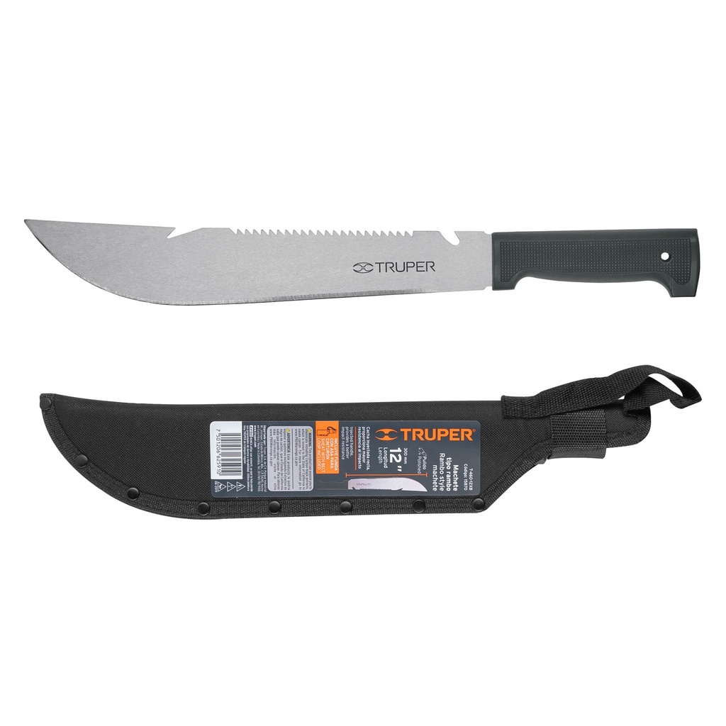 Machete rambo 12' cacha inyectada negra, con funda, Truper