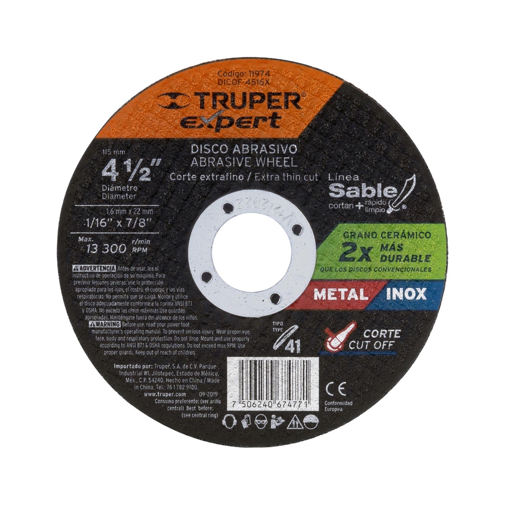 Disco Tipo 41 de 4-1/2' x 1.6 mm corte fino de metal, Expert