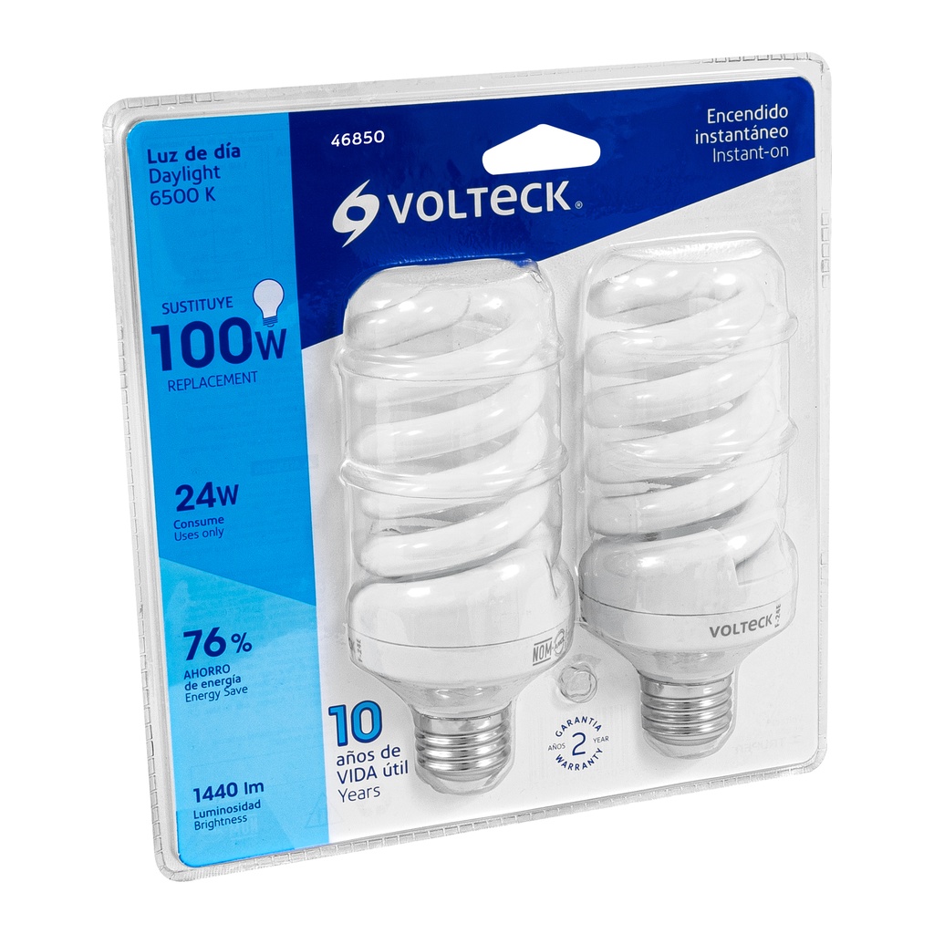Pack 2 lámparas espiral T4 24 W luz de día, blíster, Volteck