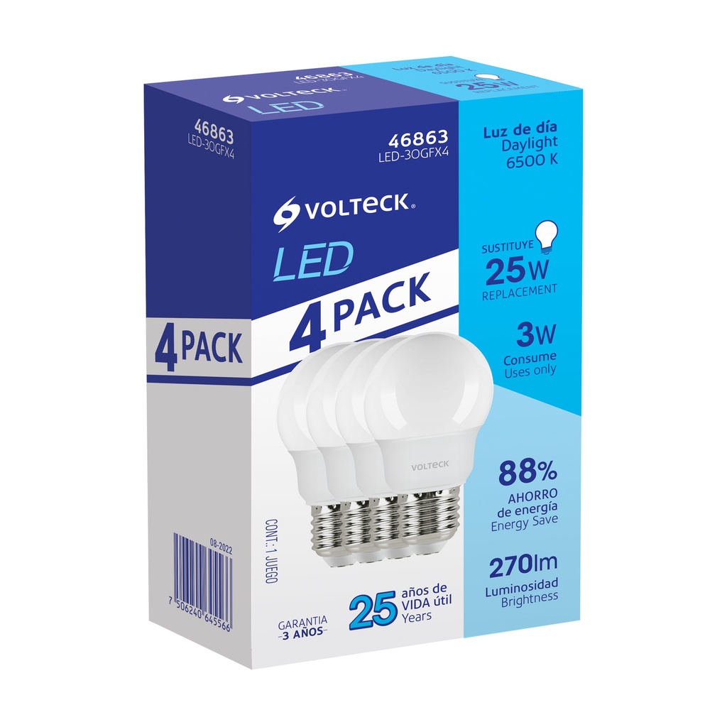 Pack de 4 lámparas LED G45 3 W (equiv. 25 W), luz de día