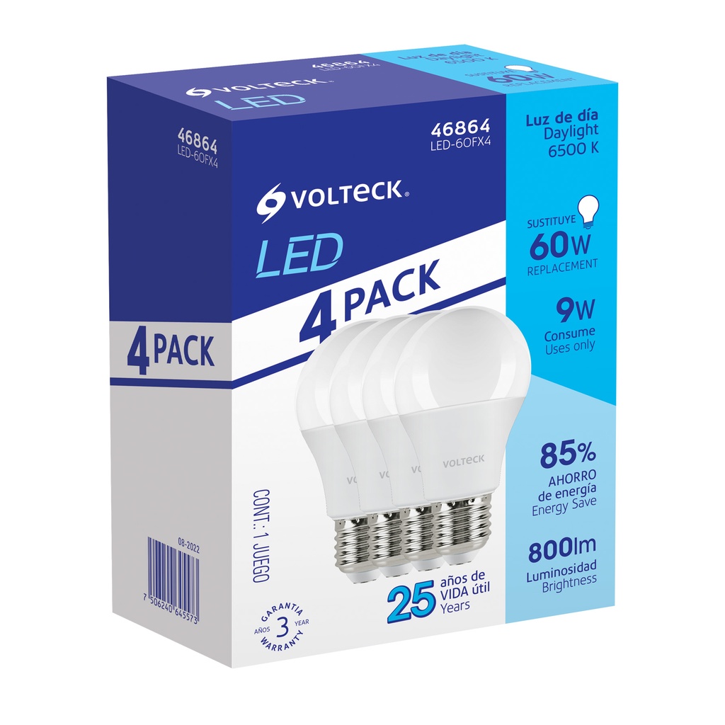 Pack de 4 lámparas LED A19 9 W (equiv. 60 W), luz de día