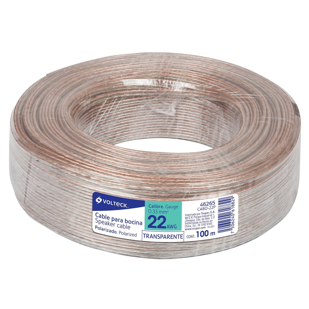 Rollo de 100 m cable polarizado transparente p/bocina 22 AWG