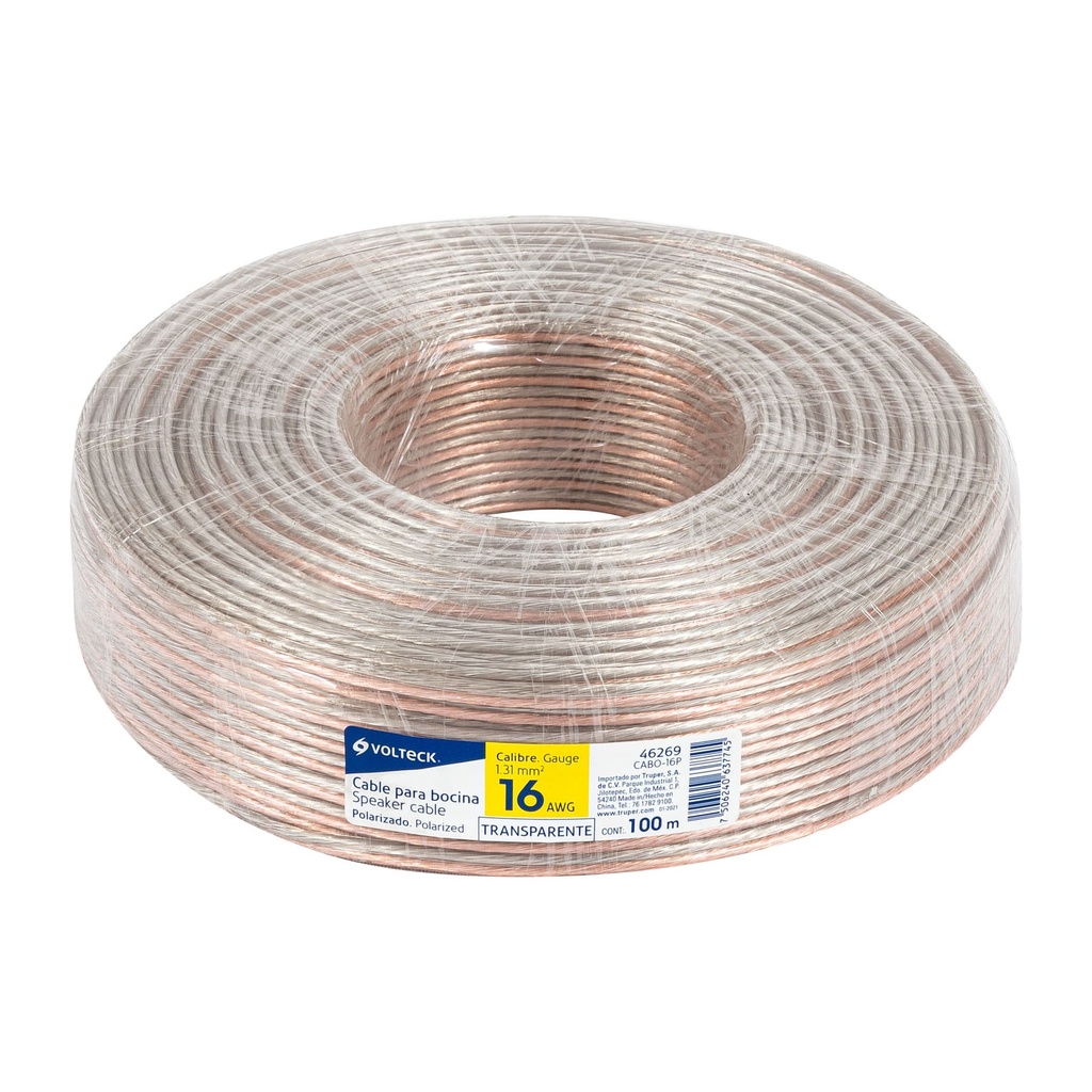 Rollo de 100 m cable polarizado transparente p/bocina 16 AWG