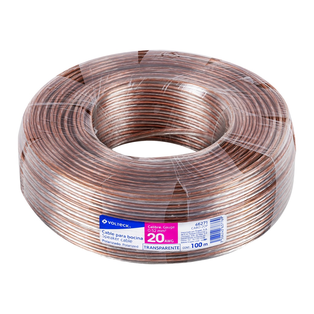 Rollo de 100 m cable polarizado transparente p/bocina 20 AWG