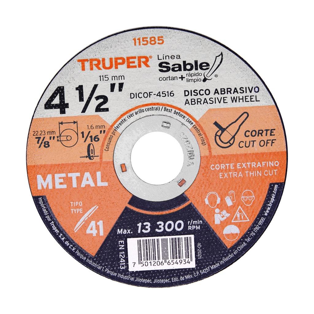 Disco Tipo 41 de 4-1/2' x 1.6 mm corte fino de metal, Sable