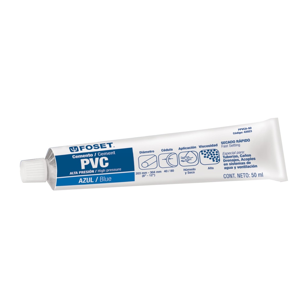 Cemento azul para PVC en tubo de 50 ml, alta presión, Foset