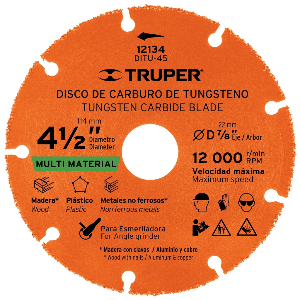 Disco 4-1/2' multimaterial de carburo de tungsteno, Truper