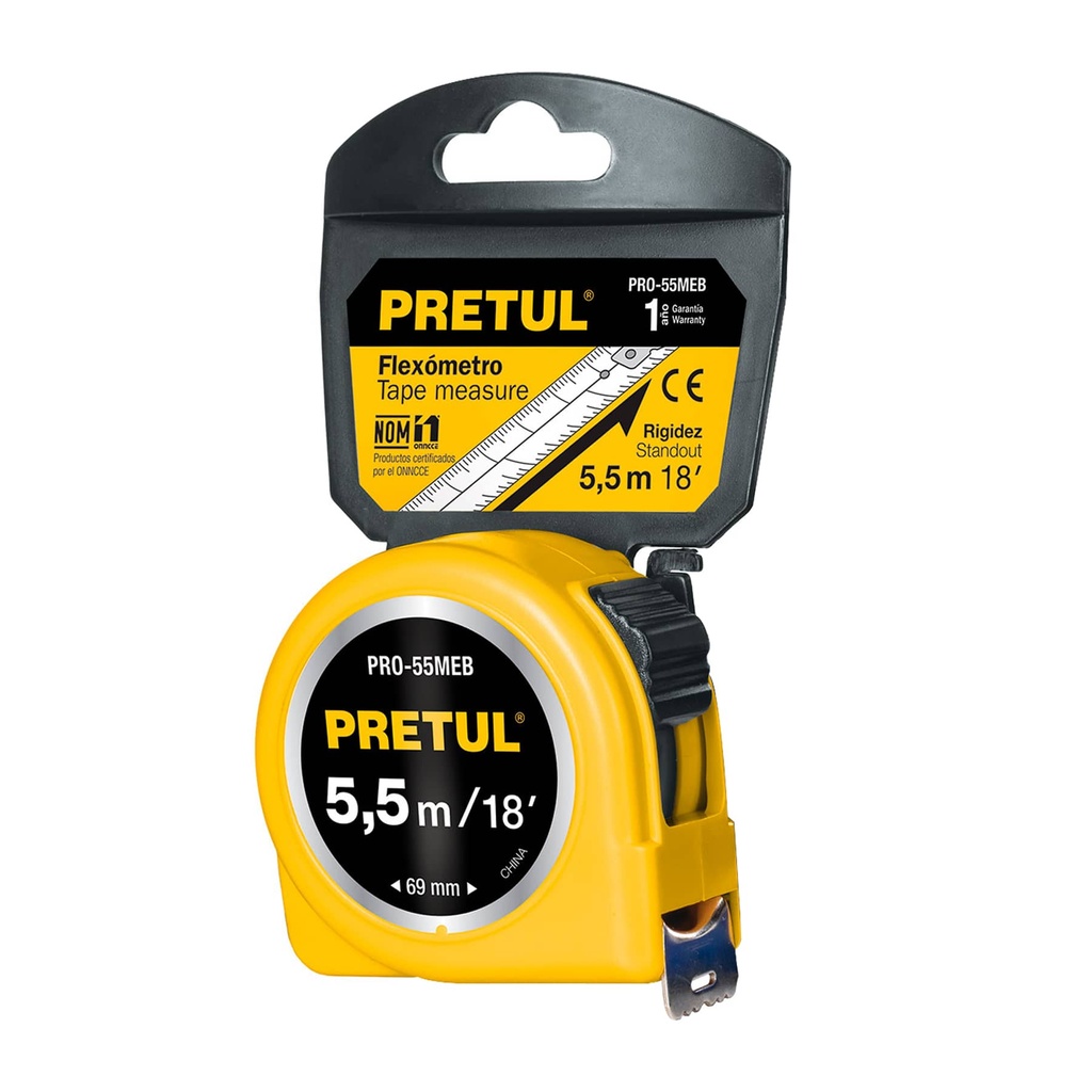 Flexómetro amarillo 5.5 m cinta 25 mm, en tarjeta, Pretul