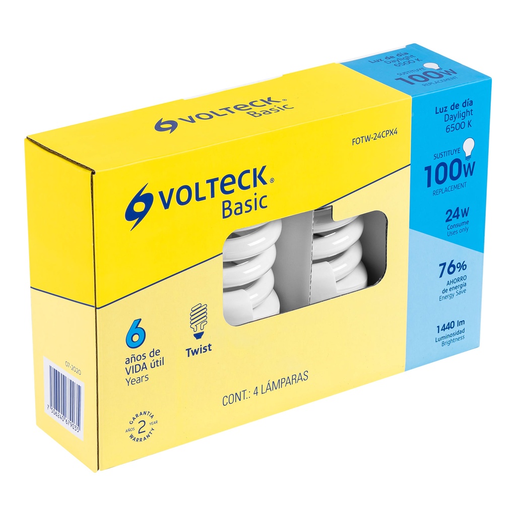 [28027] Pack de 4 lámparas espiral T4 24 W luz de día, caja, Volteck
