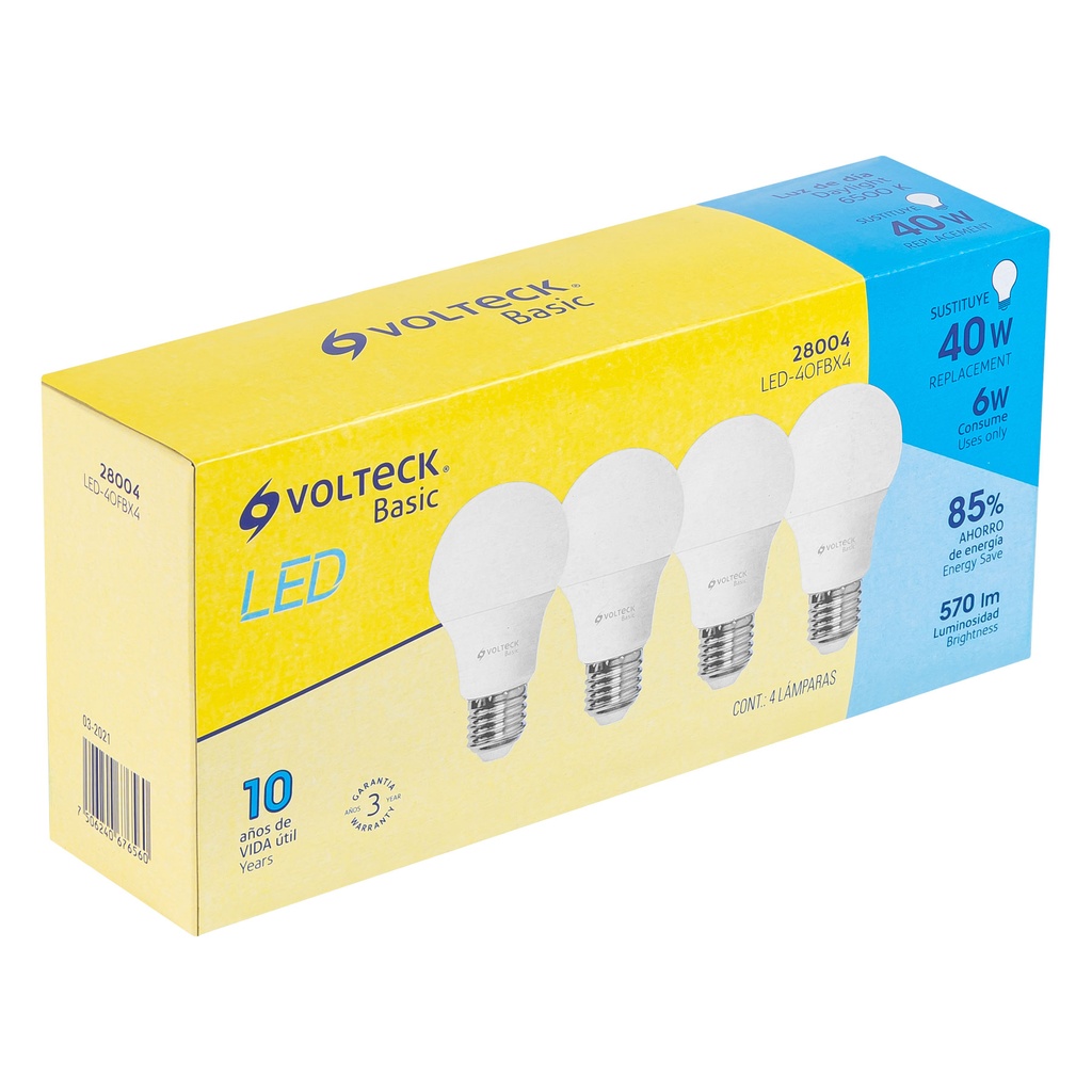 Pack de 4 lámparas LED A19 6 W (equiv. 40 W), luz de día