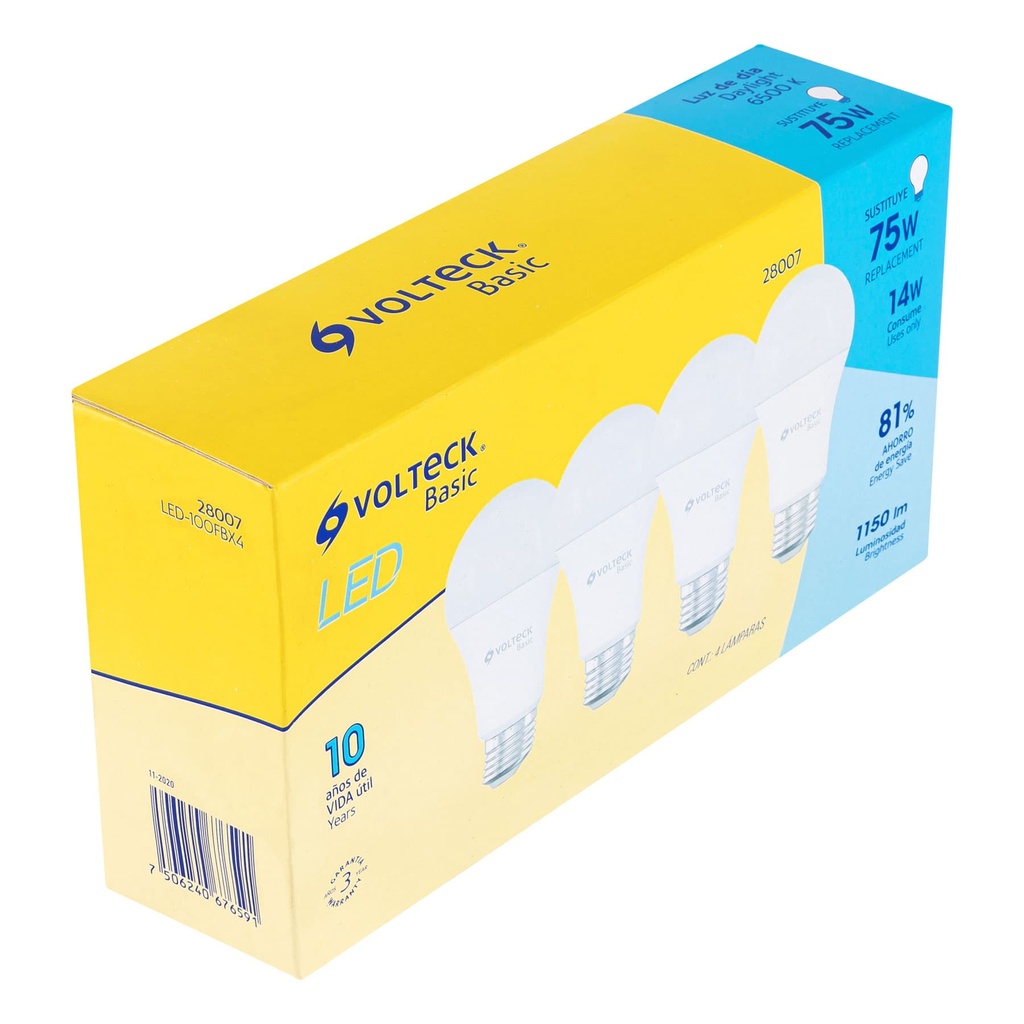 Pack de 4 lámparas LED A19 14 W (equiv. 75 W), luz de día