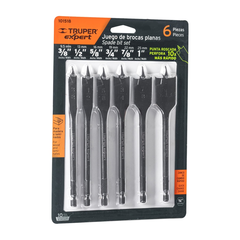 [101518] Juego de 6 brocas planas o de manita para madera, Expert