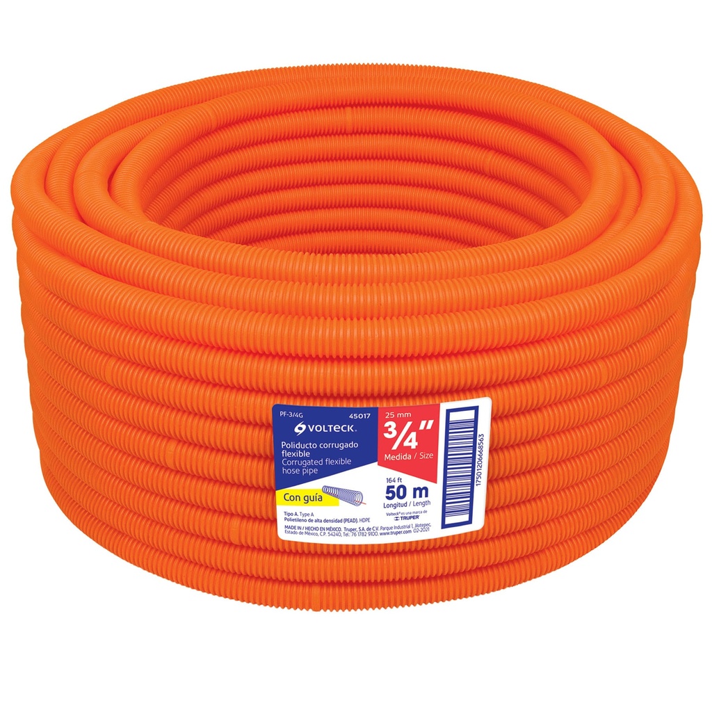 Metro de poliducto 3/4' corrugado flex. c/guía, rollo 50 m