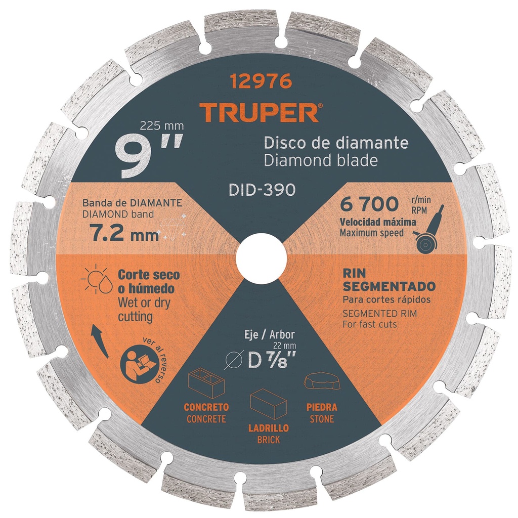 Disco de diamante de 9' x 2.7 mm rin segmentado, Truper