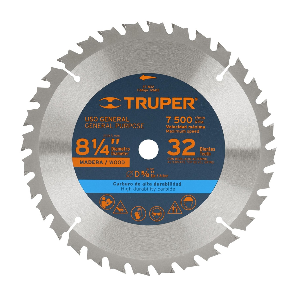 Disco sierra 8-1/4' para madera, 32 dientes centro 5/8'