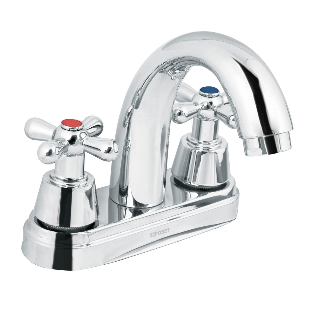 Mezcladora cromo 4' para lavabo, nariz curva, cruceta, Aqua