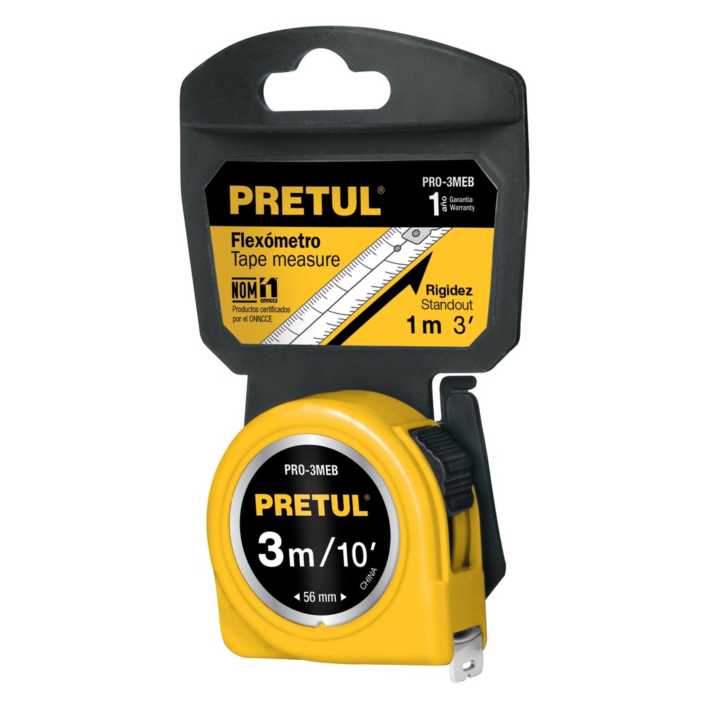 Flexómetro amarillo 3 m cinta 13 mm, en tarjeta, Pretul