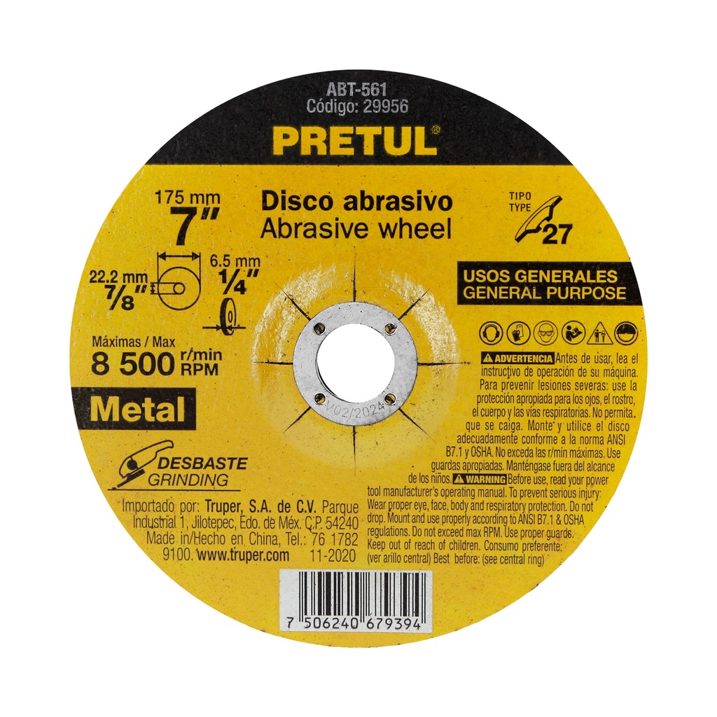 Disco Tipo 27 de 7' x 6.2 mm desbaste de metal, Pretul