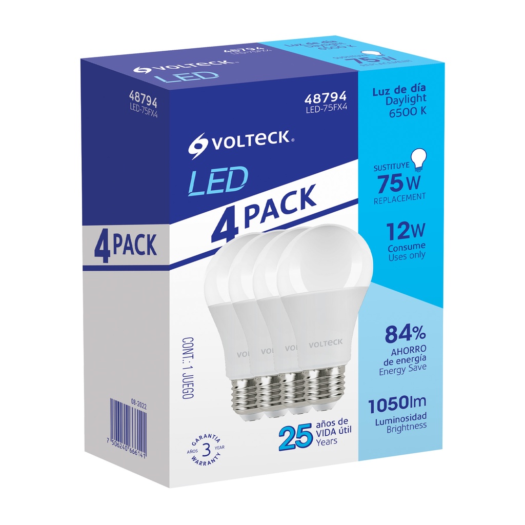 Pack de 4 lámparas LED A19 12 W (equiv. 75 W), luz de día