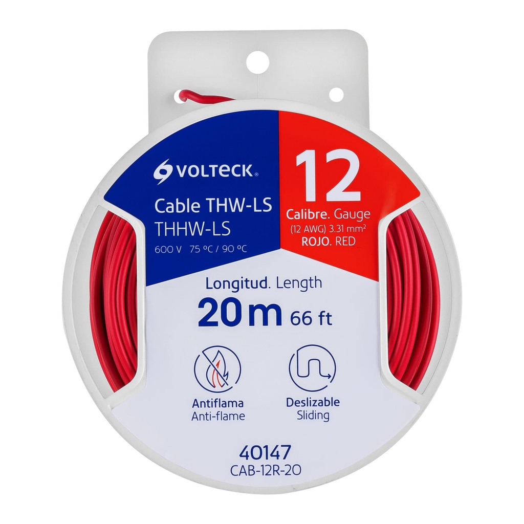 Carrete con 20 m de cable THHW-LS 12 AWG rojo, Volteck