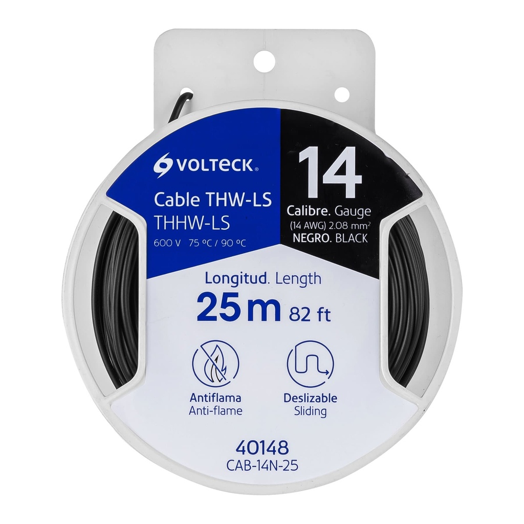 Carrete con 25 m de cable THHW-LS 14 AWG negro, Volteck