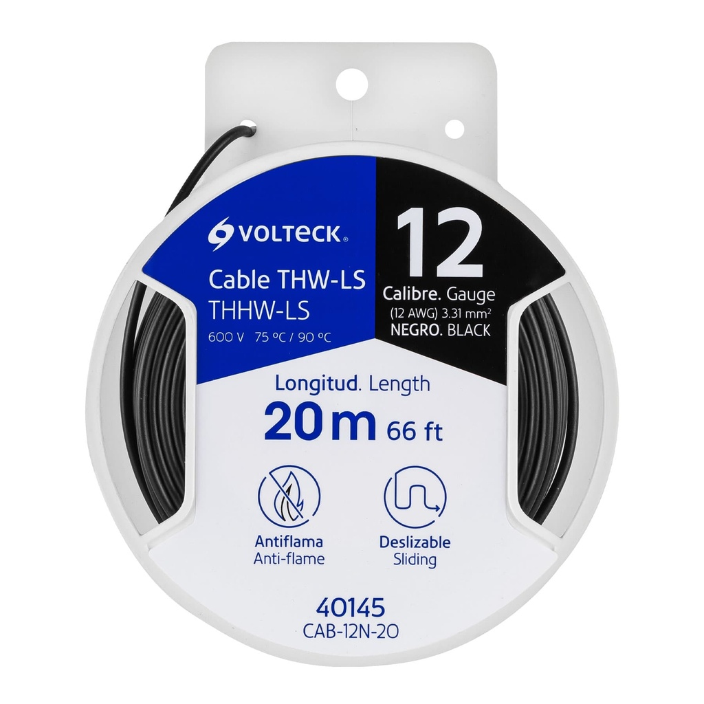 Carrete con 20 m de cable THHW-LS 12 AWG negro, Volteck