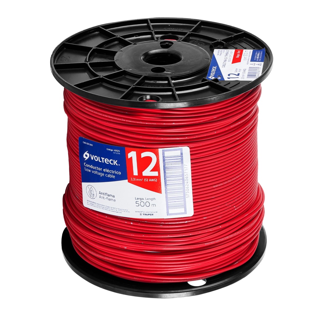 Metro de cable THHW-LS 12 AWG rojo en carrete de 500 m