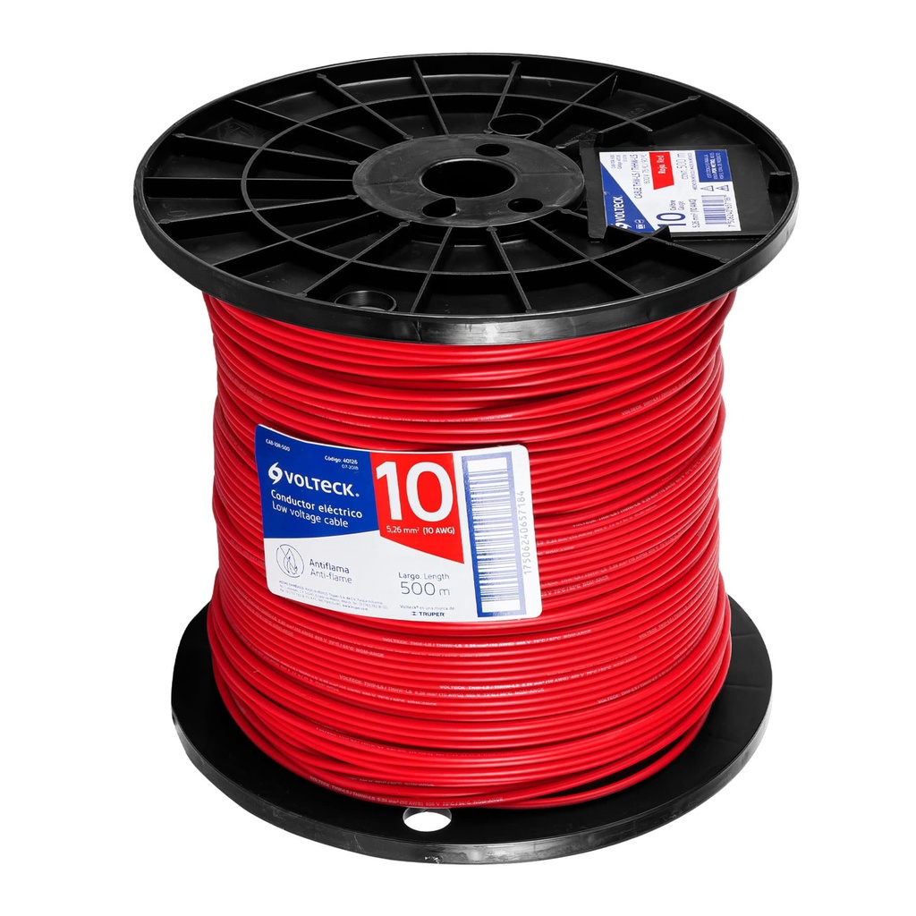 Metro de cable THHW-LS 10 AWG rojo en carrete de 500 m