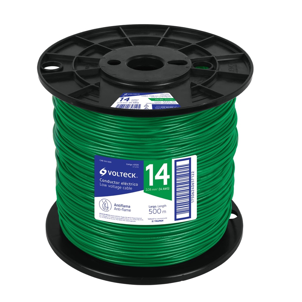 Metro de cable THHW-LS 14 AWG verde en carrete de 500 m