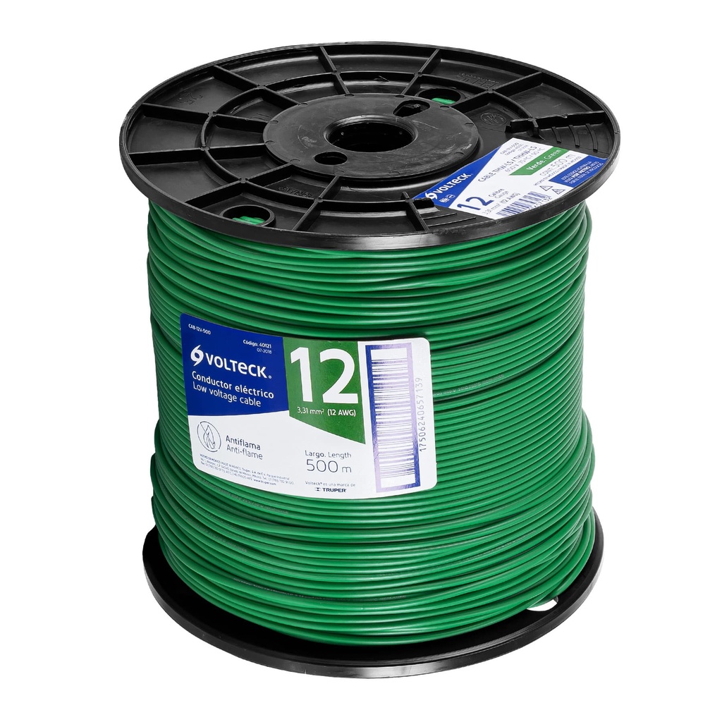 Metro de cable THHW-LS 12 AWG verde en carrete de 500 m