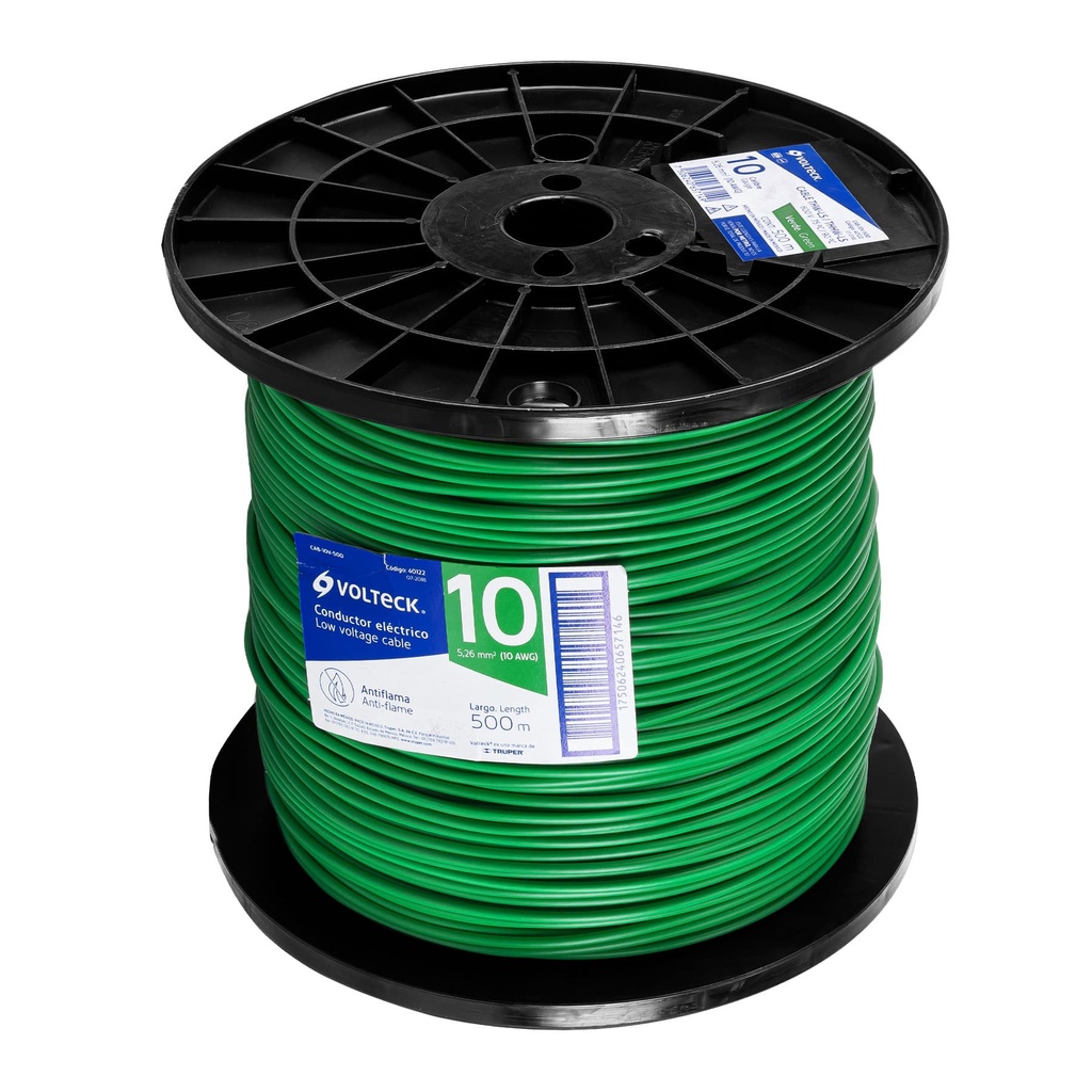 Metro de cable THHW-LS 10 AWG verde en carrete de 500 m