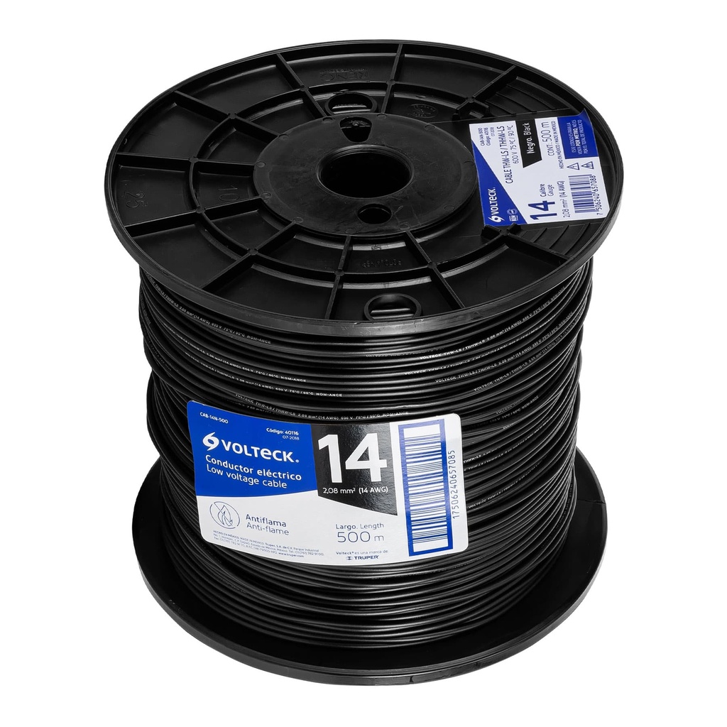 Metro de cable THHW-LS 14 AWG negro en carrete de 500 m