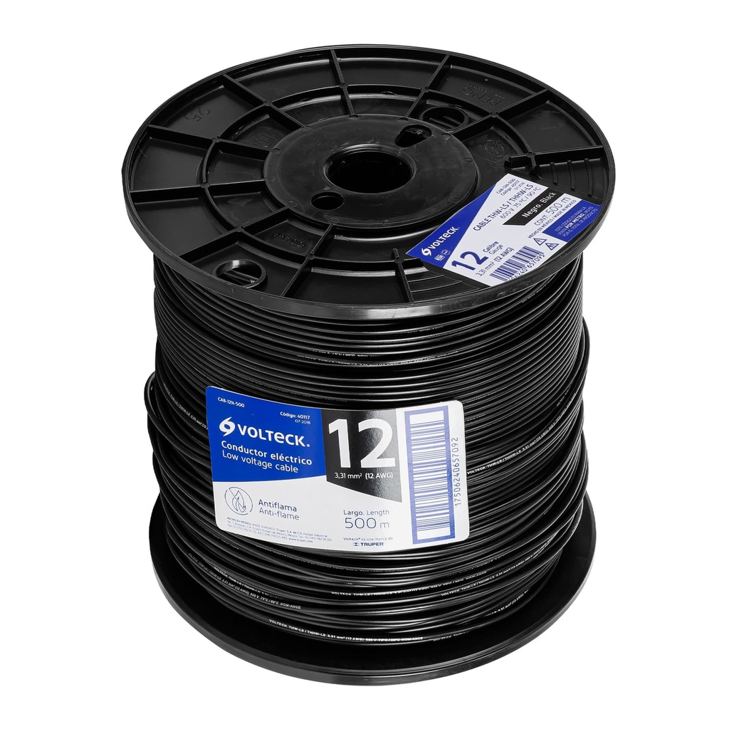 Metro de cable THHW-LS 12 AWG negro en carrete de 500 m