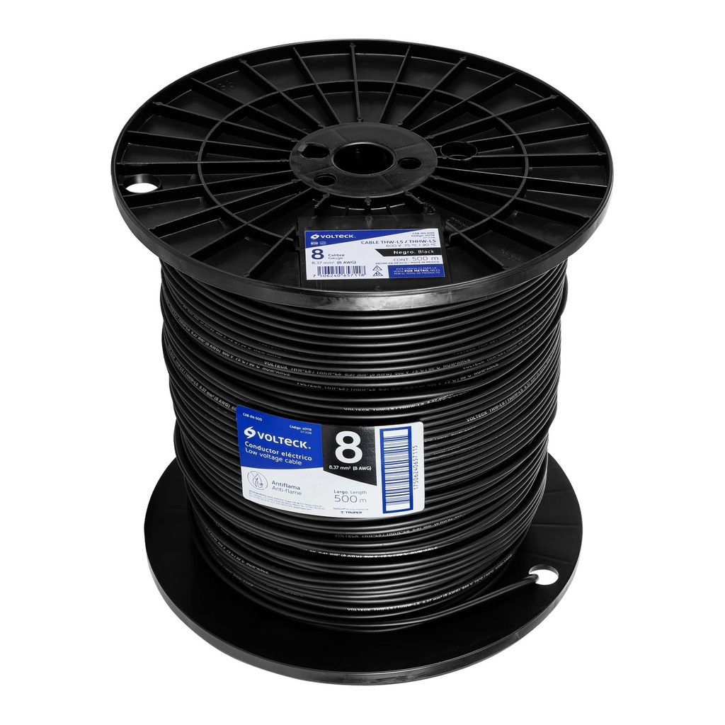 Metro de cable THHW-LS 8 AWG negro en carrete de 500 m