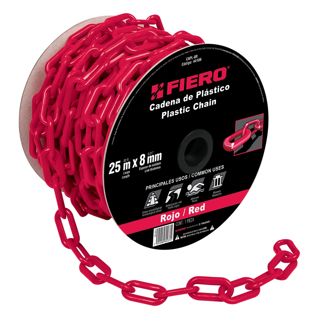 Metro de cadena de 8 mm de plástico roja, carrete de 25 m