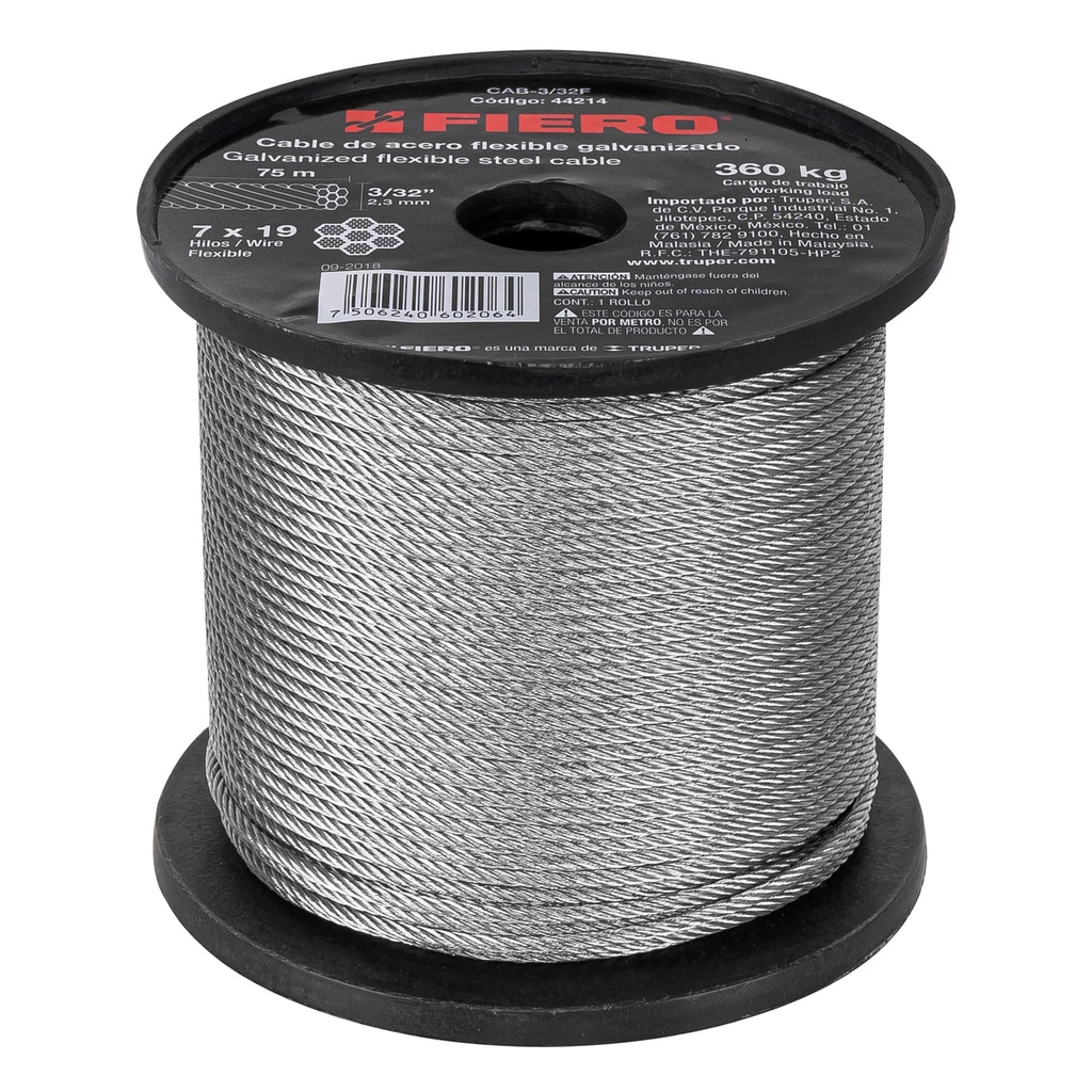 Metro de cable flexible 3/32' de acero 7x19 hilos, 75 m