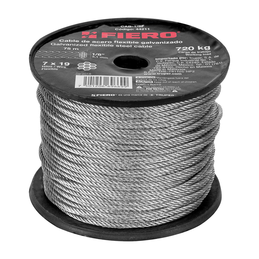 Metro de cable flexible 1/8' de acero 7x19 hilos, 75 m