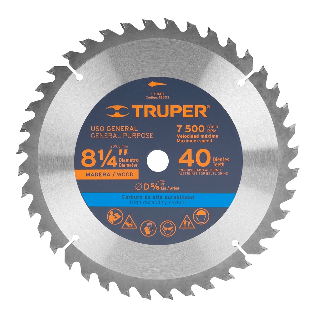 Disco sierra 8-1/4' para madera, 40 dientes centro 5/8'