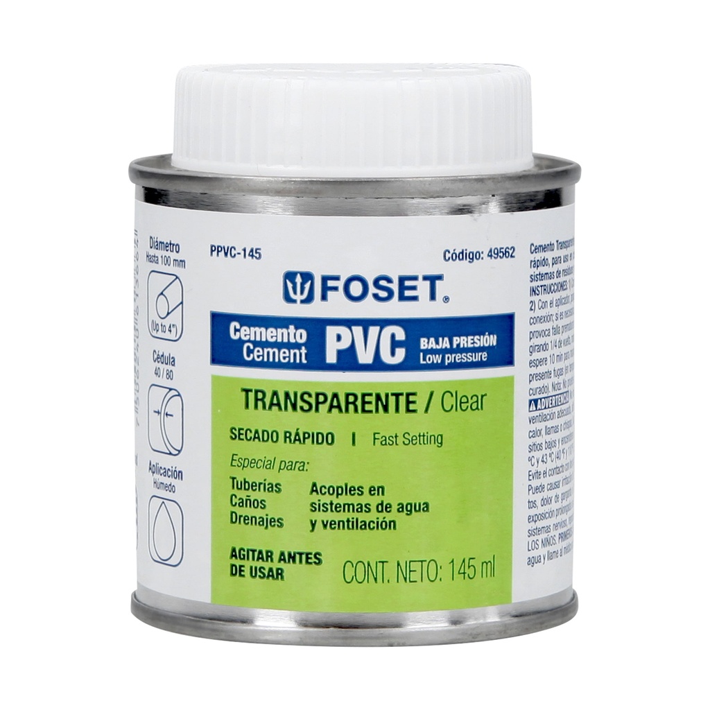 Cemento para PVC en bote de 145 ml, baja presión, Foset