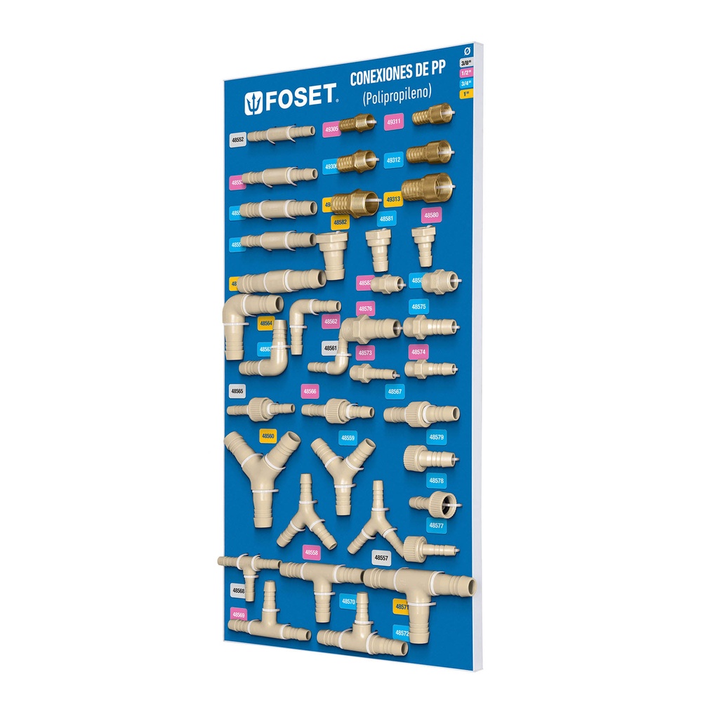 [55955] Exhibidor con conexiones para manguera de PP, Foset