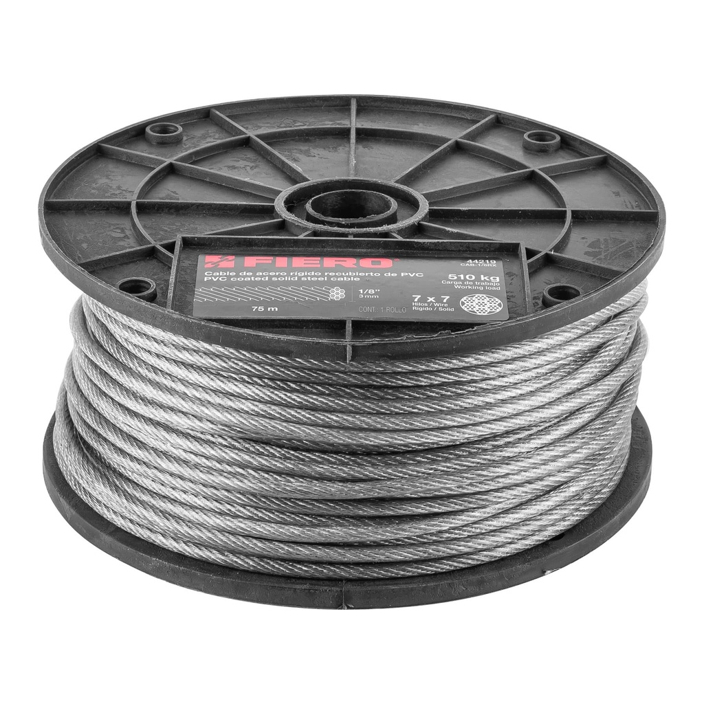 Metro de cable rígido 1/8' acero 7x7 recubierto PVC, 75 m
