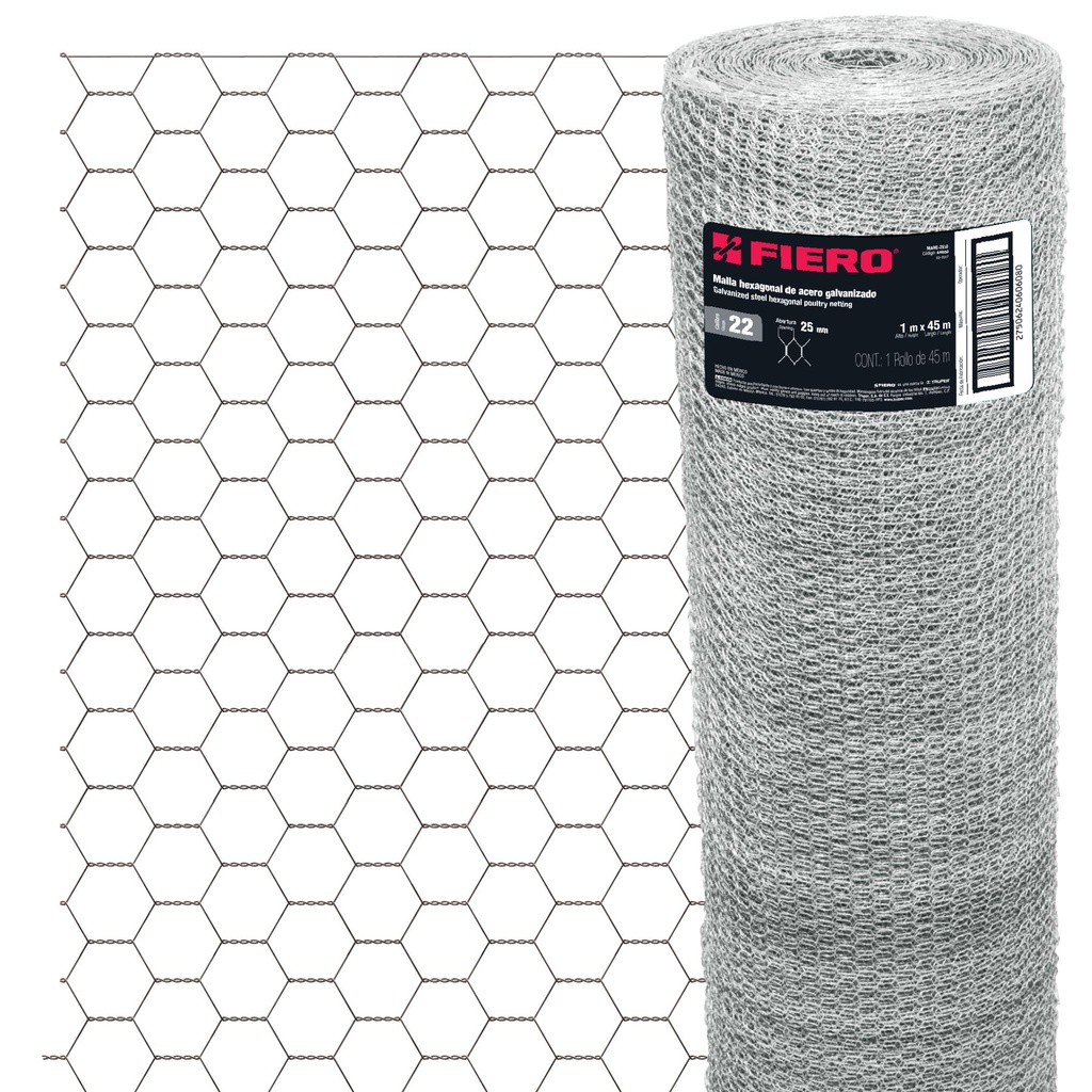 Rollo de malla hexagonal 45m x 1m calibre 22 abertura 25 mm