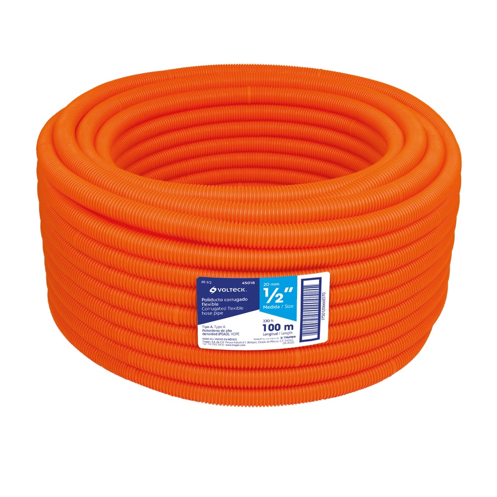 Metro de poliducto 1/2' corrugado flex. s/guía, rollo 100 m
