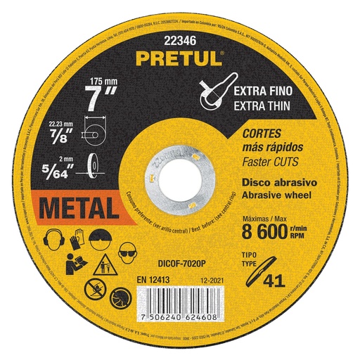 [22346] Disco Tipo 41 de 7' x 2 mm corte fino de metal, Pretul