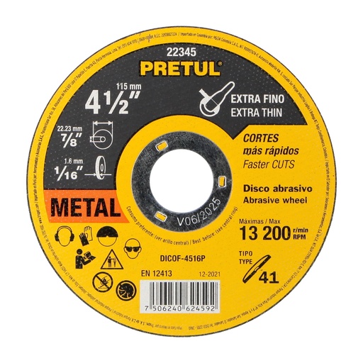 [22345] Disco Tipo 41 de 4-1/2' x 1.6 mm corte fino de metal, Pretul